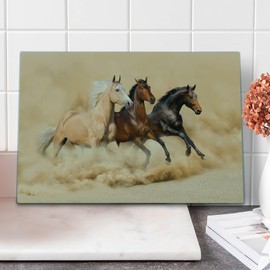 Lunarable Horses Cutting Board, 3 Horse Running in Desert Storm Mythical Mystic Messenger Animals Habitat Print, Decorative Tempered Glass Cutting and Serving Board, Large Size, Cream Brown