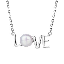 Mom Love Pendant Necklaces for Women 925 Sterling Silver Genuine Freshwater Pearl Necklace Party Gifts (Rhodium Plated LOVE)