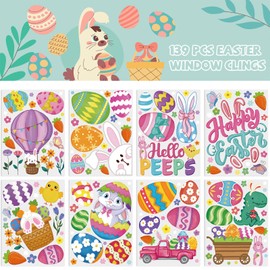 XZENTIRA 139 PCS Easter Window Clings, Spring Window Clings for Glass,8 Sheets Watercolor Easter Egg Bunny Stickers, Easter Decorations Decals for Party Store, Home, School, Office Indoor Decor