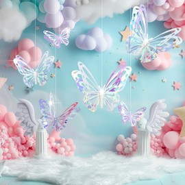 Yalikop 5 Pcs Large Size Iridescent Butterfly Party Decorations Laser 3D Butterfly Wall Decor 3 Sizes Hanging Butterflies Decor for Girls Women Birthday Wedding Baby Shower Decorations with Rope