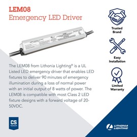 Lithonia Lighting Emergency LED Driver with Initial 8W Output for 20-50VDC LED luminaires. Features Dual Flexible Conduit for External Mounting.
