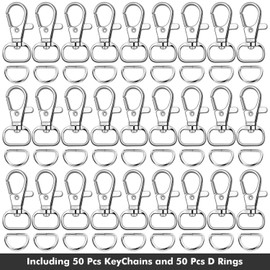 Anezus 100pcs Key Chain Clip Hook and D Rings Set Include 50Pcs Swivel Snap Hooks Lanyard Clips and 50Pcs D Rings for Keychain and Purse Hardware (1/2” Inside Width)