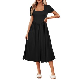 Newshows Women's Casual Summer Short Sleeve Square Neck Midi Dress Flowy A-Line Sundress Formal Business Work Funeral Teacher Outfits Pockets(Black,XL)