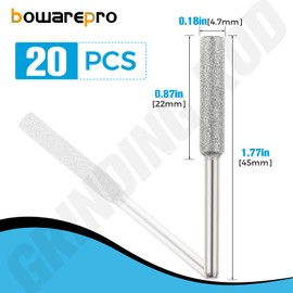 Bowarepro 3/16" 4.8mm Chainsaw Sharpening Grinding Stone File, Diamond Chainsaw Sharpener Bits Chain Saw Grinder Sharpener Tool for Chainsaw Jade Gem Stone Carving (20PCS/Silver)