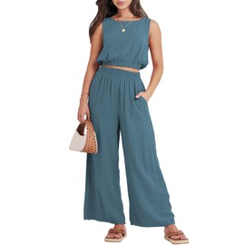 ANRABESS - Conjunto de 2 piezas de verano para mujer, sin mangas, parte superior corto y pantalones de pierna ancha, conjunto de ropa de playa y día festivo, Lake, XXL