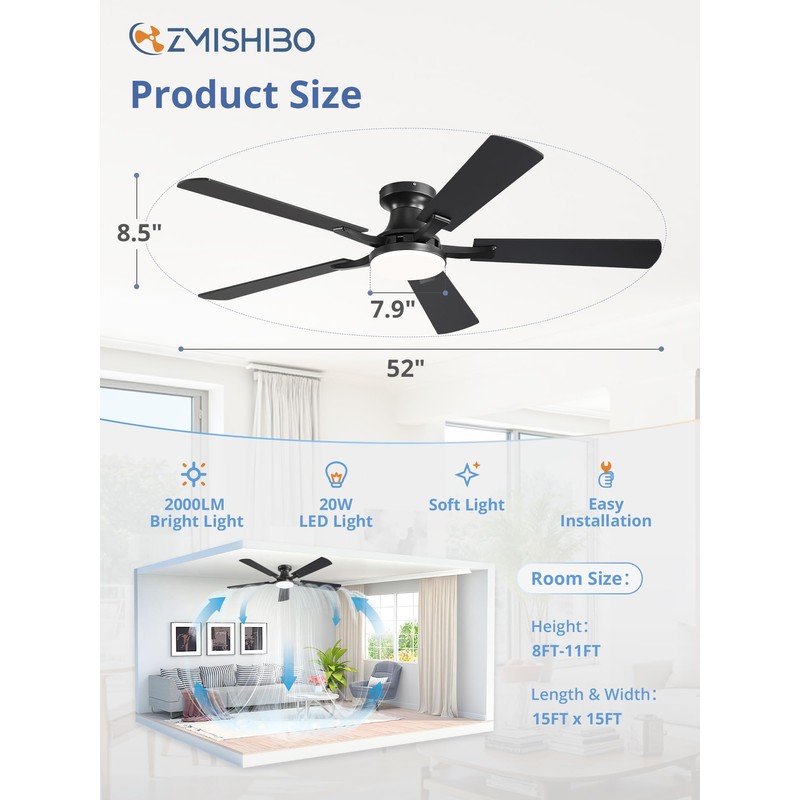 ZMISHIBO 52 Inch Ceiling Fan with Light, App&Remote Control, Flush