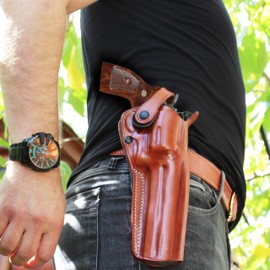 Leather Paddle OWB Revolver Holster with Retention Strap Fits Smith Wesson N-Frame Model 629/29 Classic Full Underlug Barrel 44 Mag 5''BBL, R/H Draw, Brown Color #1261#