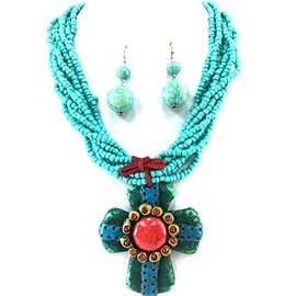 Western Peak Seed Bead Chunky Leather Fringe Tied Stone Textured Cross Pendant Necklace with Earrings (Turquoise)