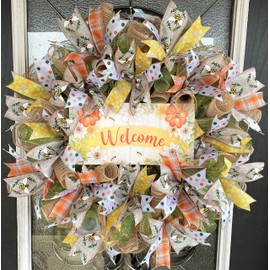 Vintage Style Welcome Spring Summer Floral Bee Deco Mesh Wreath, Floral Decor, Fall, Front Door, Burlap Wedding Farmhouse Decor, Country Decor