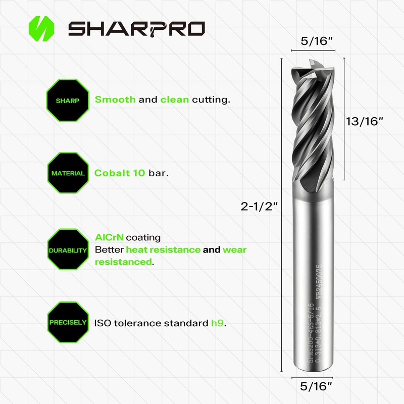 SHAPPRO 5/16 Inch Shank Carbide Square End Mill, 4 Flute