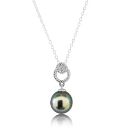 PERORNO 9-10mm Real Tahitian Pearl Pendant Dark Colour with Shine and Shine Made of 925 Silver and Cubic Zirconia 9-10mm Sterling Silver Pearl, Sterling Silver, Pearl