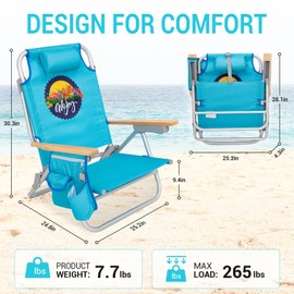 #WEJOY Beach Chair with 4 Positions for Adults Portable Backpack Aluminum Beach Chair with Wooden Armrest Lightweight Folding Beach Chairs with Back Pocket Bag for Outdoor Lawn Pool Patio Camping
