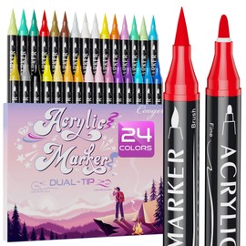 24 Colors Dual Tip Acrylic Paint Markers,Fine Tip and Brush Tip Permanent Acrylic Paint Pens For Rock Painting, Canvas, Wood, Glass, Ceramic, Fabric, Plastic, Egg, Scrapbook,Art Painting Supplies Kit