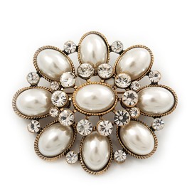 Avalaya Vintage Faux Pearl Diamante Brooch in Antique Gold Metal - 5.5cm Length