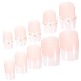 Baluue French Pearl Flower Press On Nails Set 24pcs Handmade Decorative False Nails for Women Sweet Aesthetic Manicure Tips for Teens Easy Wear