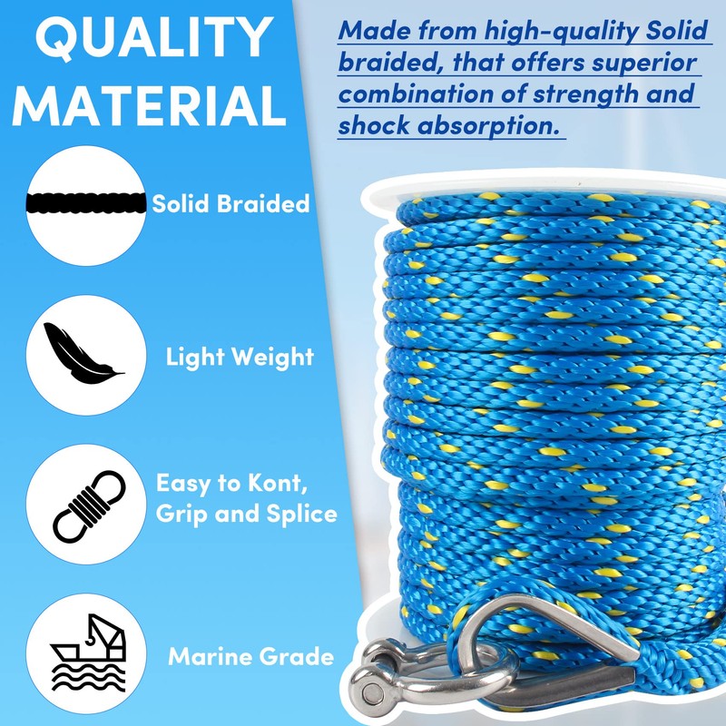 Premium Anchor Rope 100 ft x 3/8 inch, Solid Braid