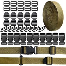 INLAZTIM Nylon webbing with buckle, 25 mm, 10 yards webbing with 10 pairs of buckles and fasteners, webbing slider, ladder buckle, connecting clip for backpack, DIY craft dog collar, khaki
