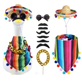 5Pcs Mexican Porch Goose Outfits,23"/ 17" Lawn Goose Statue Clothes Costume for Cinco De Mayo,Garden Goose Clothes,Scarf Beard Glasses Necklace Straw Hat for Patio Yard Decoration