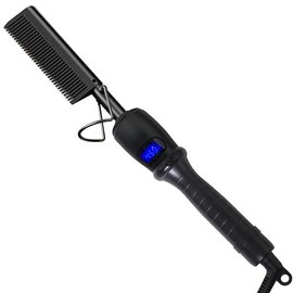 Led Display Hot Comb Hair Straightener Small Electric Pressing Combs Straightening Curling Iron For Travel Dating Party And Gifts Men Beard Women Wigs:_Ledblack