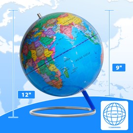 9" World Globe for kids Learning, Classroom Desk, Geographic Globe with iron Stand & colorful Magnetic Push Pins & magnifier & handkerchief, 360° Horizontal Rotation Educational World Globe, Blue