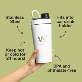 VitaHustle Stainless Steel Shaker Cup with Twist Off Cap, Leakproof, Blender Ball, Perfect for Protein Shakes or Post Workout, Fits Car Cup Holder, BPA Free, 20 oz (White)