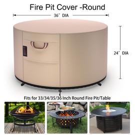 QH.HOME Fire Pit Cover Round - 36" D X 24" H Heavy Duty 900D Strong Tear-Resistant and UV & Waterproof Resistant Firepit Covers Round for Outdoor Fire Pit Table - Wheat
