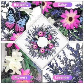 16-Inch Lavender Butterfly Wreath with Artificial Flowers and Butterflies, Spring and Summer Door Wreath for Home Wall Decor