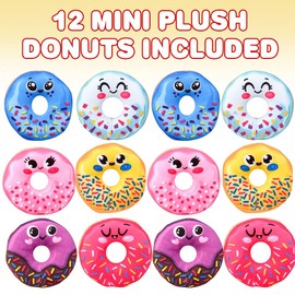 ArtCreativity - Juego de 12 donas de peluche con cara de sonrisa para niños, juguetes de donas suaves en varios colores, bonitos suministros para fiestas de donas, decoraciones de fiesta de donas,