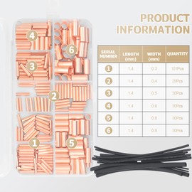 Yuhtech 250 PCS Copper Tube, GT1.5-6mm Copper Tube Butt Wire Cable Crimp Connectors, Professional Terminal Kit with 15 PCS Heat Shrink Tubing, Copper Connecting Pipe
