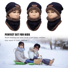 MengH-SHOP Children's Winter Hat Winter Scarf Warm Knitted Hat and Circle Scarf Set Outdoor Scarf Beanie Skull Cap for 5-12 Years Boys Girls, navy blue