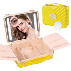 Kalolary Travel Makeup Train Cases with Lighted Mirror 3 Color Setting, Makeup Bag Cosmetic Case Organizer Adjustable Brightness Portable Makeup Storage Box with Detachable 5X Magnifying Mirror Yellow
