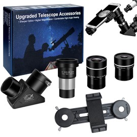 1.25" Telescope Accessory Upgrade Kit with 2 Premium Eyepieces, 2X Barlow Lens, 90° Diagonal Mirror & Phone Adapter, Astronomy Accessories for Sharper Moon Viewing, Planet Observation and Stargazing