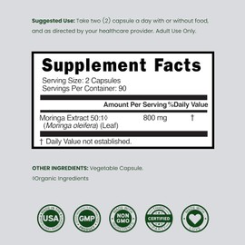 Organic Moringa Capsules 40,000mg (3 Month Supply) Pure Organic Moringa Leaf Powder Supplement - Energy, Skin, Gut Health Support - Vegan Safe, Third Party Tested & Non GMO - USA Made - (180 Capsules)