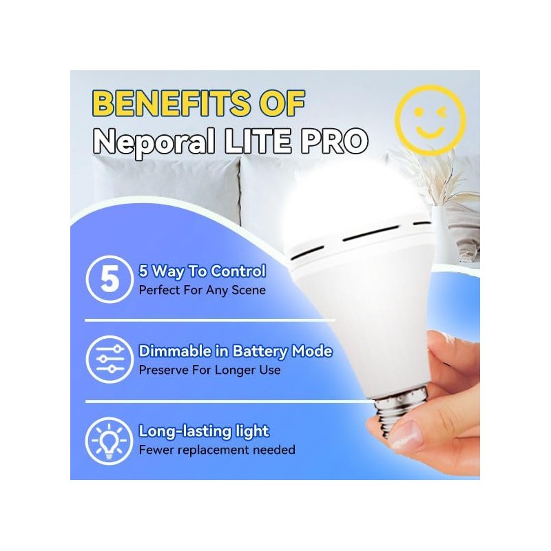 Neporal LITE PRO Battery Backup Light Bulbs, 2600mAh Rechargeable Light