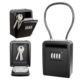 JOJOSEE Key Safe Outdoor, Key Lock Box with Removable Wire Rope Extended Shackle, Portable Lockbox with Code, Hangable Combination Key Box for Home, Garage, Warehouse