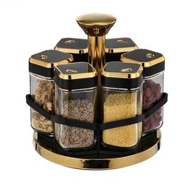 TSY TOOL Spice Carousel 360° Rotating Lazy Susan Organizer - Multipurpose Spice Rack & Condiment Holder with 6 Salt & Pepper Jars, Revolving Durable Storage Tray for Kitchen (Black with Gold Accents)