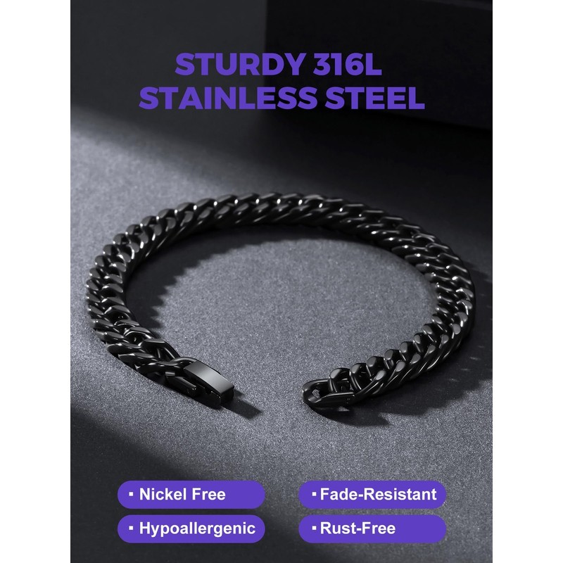 Richsteel 8.2 Inch Black Plated Stainless Steel Curb Chain Bracelet