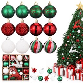 Christmas Tree Baubles, 46pcs Beautiful Christmas Balls with Various Styles, Shatterproof Christmas Baubles Set, Hanging Ball Ornaments, White Red and Green Baubles for Christmas Tree Decorations