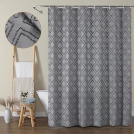 OWENIE Grey Shower Curtain Set, Jacquard Geometric Textured Fabric Boho Shower Curtains for Bathroom, Soft Hotel Style Farmhouse Shower Curtain Grommet Top 12 Hooks, Machine Washable, 72x72, Grey