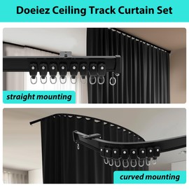 Room Divider Blackout Curtains Flexible Sliding Tracks Sets Ceiling Mounted Rod Window Curtain Privacy Separation for Bedroom Living Rooms,1 Panel Black Drape and Black Track Set-W144xH108 in