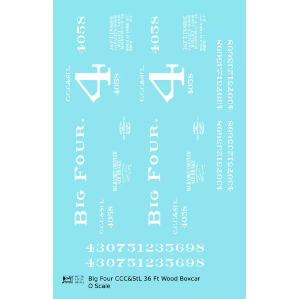 K4 O Scale Decals CCC&StL Big Four 36 Ft Wood