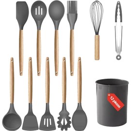 12PCS Utensilios de Cocina de Silicona, Resistente al Calor y Antiadherente Conjunto de Utensilios de Cocina Mango de Madera Juego de Utensilios de Cocina, Excelente Utensilios de Cocina.