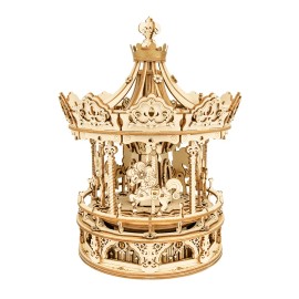 Robotime DIY Handmade Assembled Toys AMK62 Romantic Carousel Music Box 3D Wooden Puzzles for pingColor: burlywood, Pieces: 101~500
