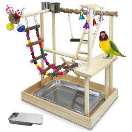 PINVNBY Bird Playground Parrot Perch Stand Play Gym Cockatiel Wood Bird Toys Bird Cage Accessories Playpen Ladder with Feeder Cups Hanging Swing Toys for Parakeet Conure Lovebird Cockatiel