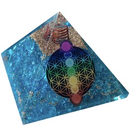 CHONIT Orgonite Pyramid, Chakra Mix Colourful with Symbol Flower of Life, Protection, Small with Rock Crystal as Decoration for Home (Chakra Mix (Turquoise))