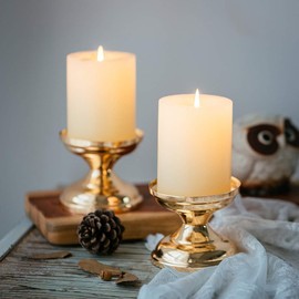 NUPTIO - Portavelas dorados para boda: 2 piezas, candelabro de pilar, soporte de pedestal, portavelas pequeño redondo de metal, candelabro votivo para mesa de comedor, sala de estar, manto de chimenea