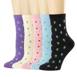 albagu Women Crew Cute Socks Cotton Comfortable Casual Novelty Floral Socks for Women Girls Flower Gifts Dress Ankle Socks 5 pack