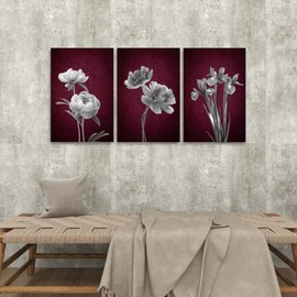 Rustic Wall Art Burgundy Black and White Floral Pictures Vintage Canvas Paintings Rustic Farmhouse Flower Artwork Framed Prints Ready to Hang for Bathroom Bedroom Office 16x24 Inch, 3 Panels