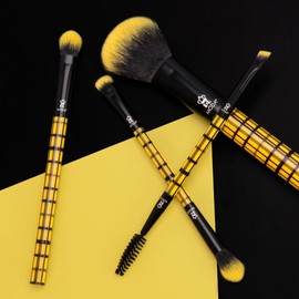 MODA Plaid Yellow Face Kit – 4pc Makeup Brush Set with Stylish Plaid Handles – Vegan, Cruelty-Free