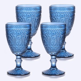 abrwyy Blue Wine Glasses set of 4, Blue Goblets, Vintage Drinking Glassware, Colored Glassware Set for Party Home Wedding Baby Shower
